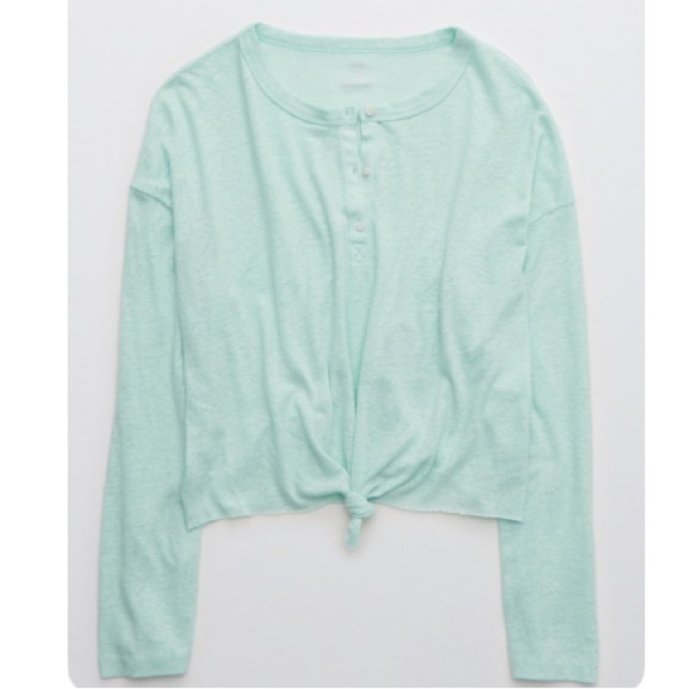 NWT AERIE BREEZY DISTRESSED KNOT FRONT HENLEY LONG SLEEVE TEE S DEL RAY AQUA